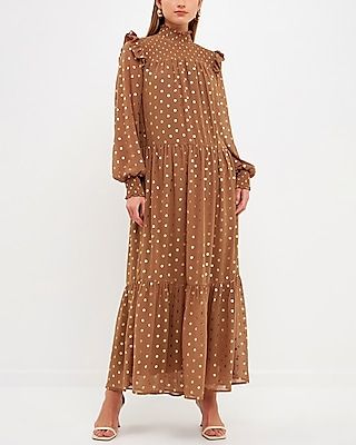 Cocktail & Party Endless Rose Long Sleeve Polka Dot Maxi Dress Brown Women's S