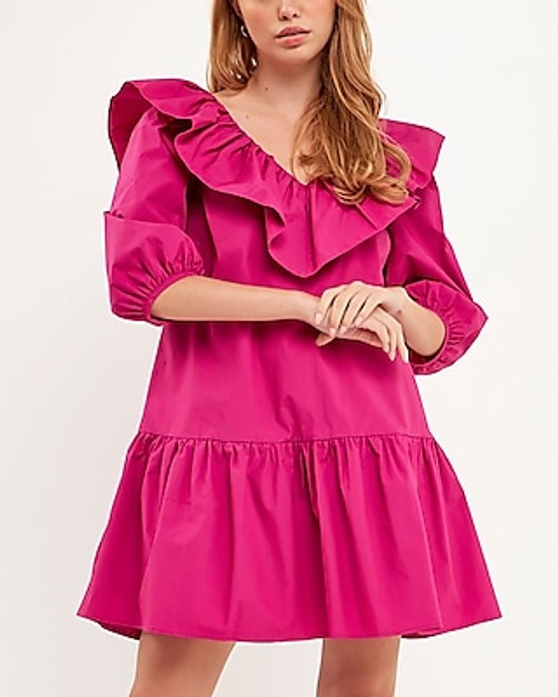 Cocktail & Party English Factory Long Sleeve Ruffled Mini Dress Pink Women's M