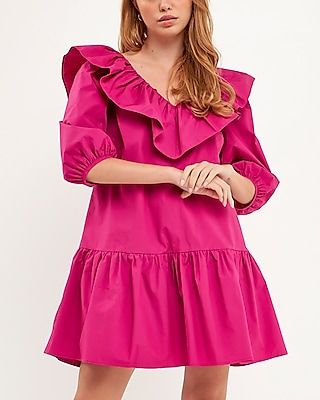 Cocktail & Party English Factory Long Sleeve Ruffled Mini Dress Pink Women's