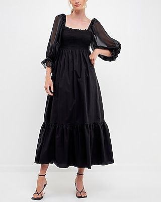 Cocktail & Party English Factory Poplin Organza Midi Dress Black Women's XS