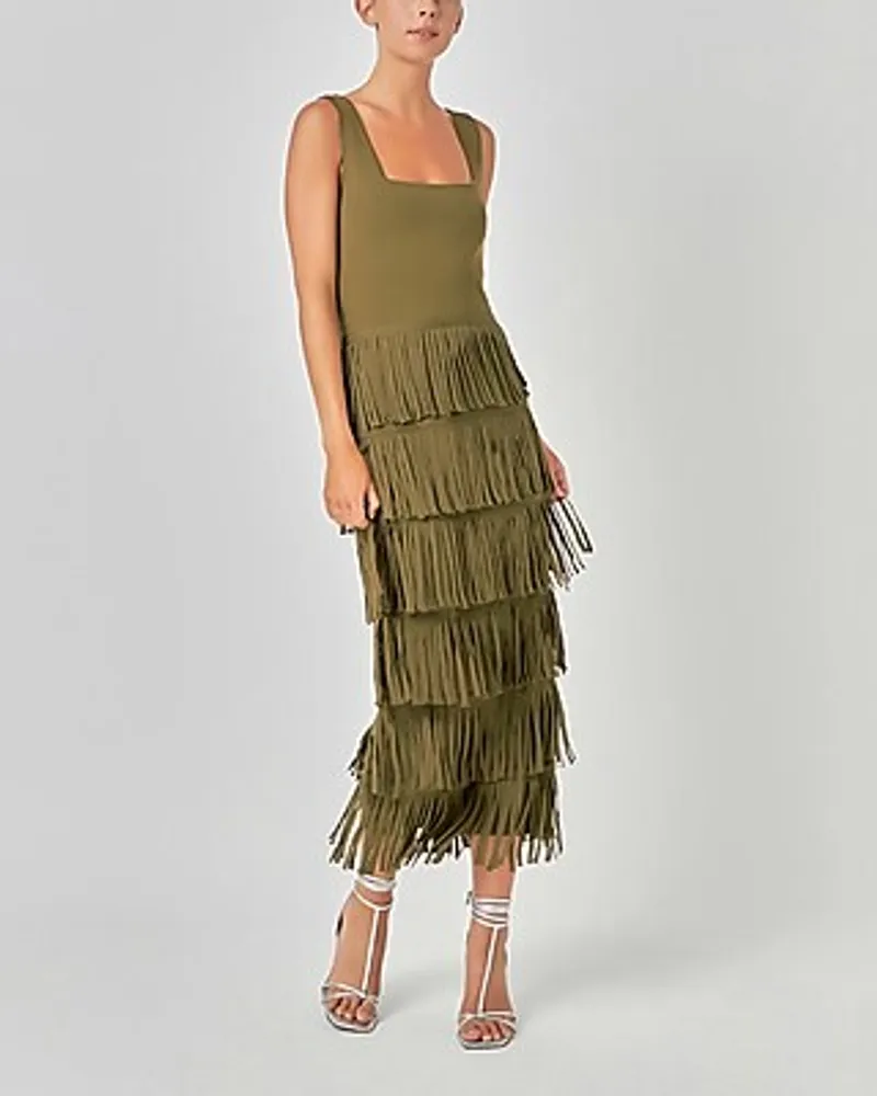 Cocktail & Party Endless Rose Knit Fringe Midi Dress Green Women's M