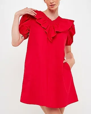 English Factory Smocked Ruffled Mini Dress Red Women's S