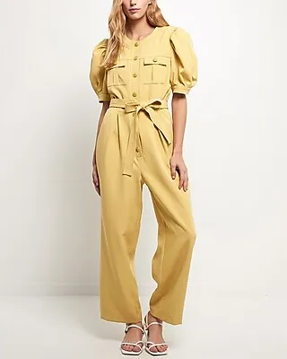 Work,Casual English Factory Button Detail Puff Sleeve Jumpsuit Yellow Women's S