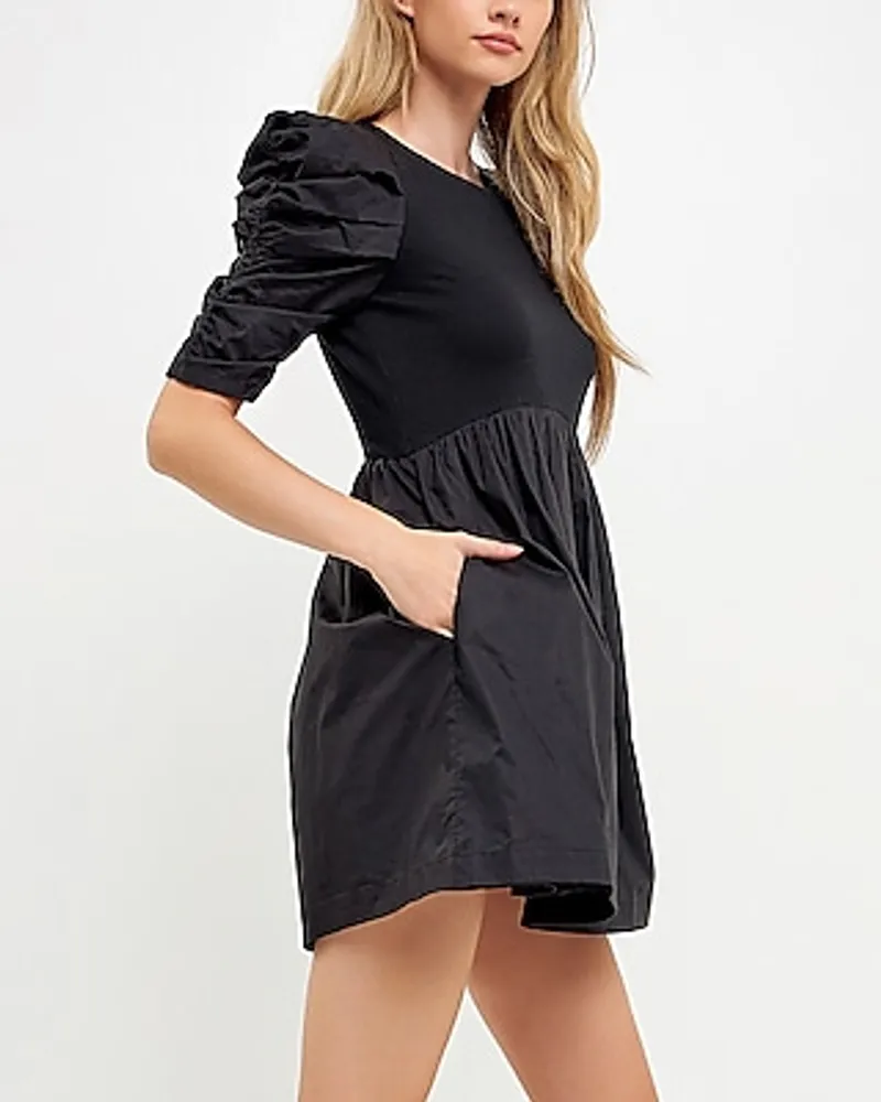 Cocktail & Party English Factory Pleated Puff Sleeve Mini Dress Black Women's L