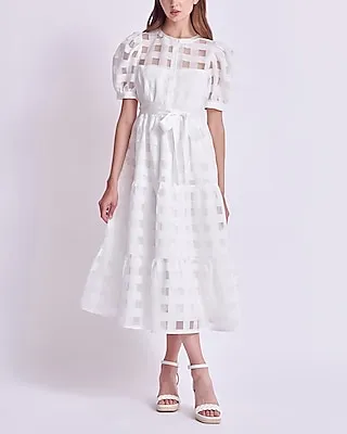 Cocktail & Party English Factory Check Puff Sleeve Midi Dress White Women's XS