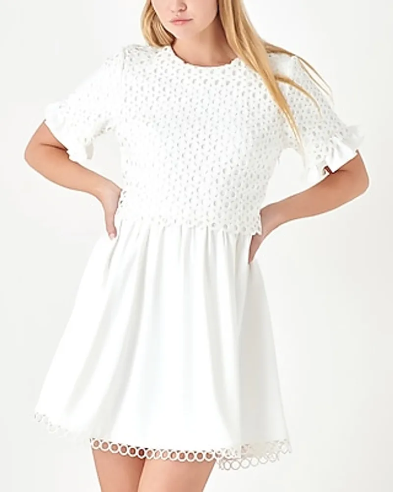 Cocktail & Party English Factory Mixed Media Lace Short Sleeve Mini Dress White Women's