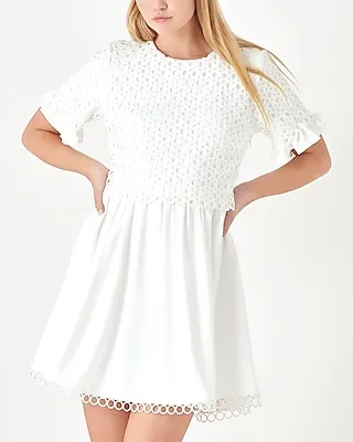 Cocktail & Party English Factory Mixed Media Lace Short Sleeve Mini Dress White Women's XS