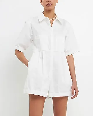 Casual Grey Lab Shoulder Pad Shirt Romper White Women's XS