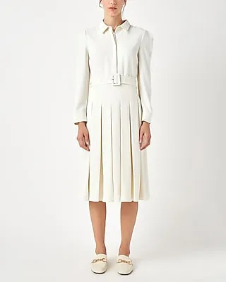 Work English Factory Pleated Collared Long Sleeve Midi Dress