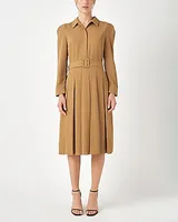 Work English Factory Pleated Collared Long Sleeve Midi Dress Brown Women's