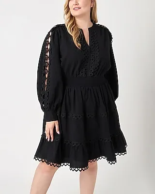Casual Endless Rose Plus Size Long Sleeve Lace Trim Mini Dress Black Women's 3X