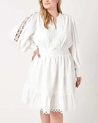 Casual Endless Rose Plus Size Long Sleeve Lace Trim Mini Dress White Women's 2X