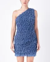 Cocktail & Party Endless Rose Mesh Trimmed One Shoulder Mini Dress Blue Women's S