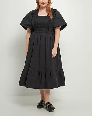 Casual English Factory Plus Size Ruffled Smocked Midi Dress Black Women's 2X