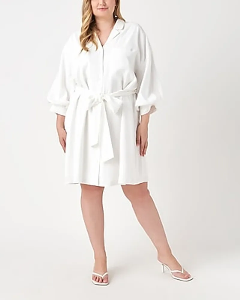 Work,Casual Endless Rose Plus Size Blouson Sleeve Belted Shirt Mini Dress White Women's 2X