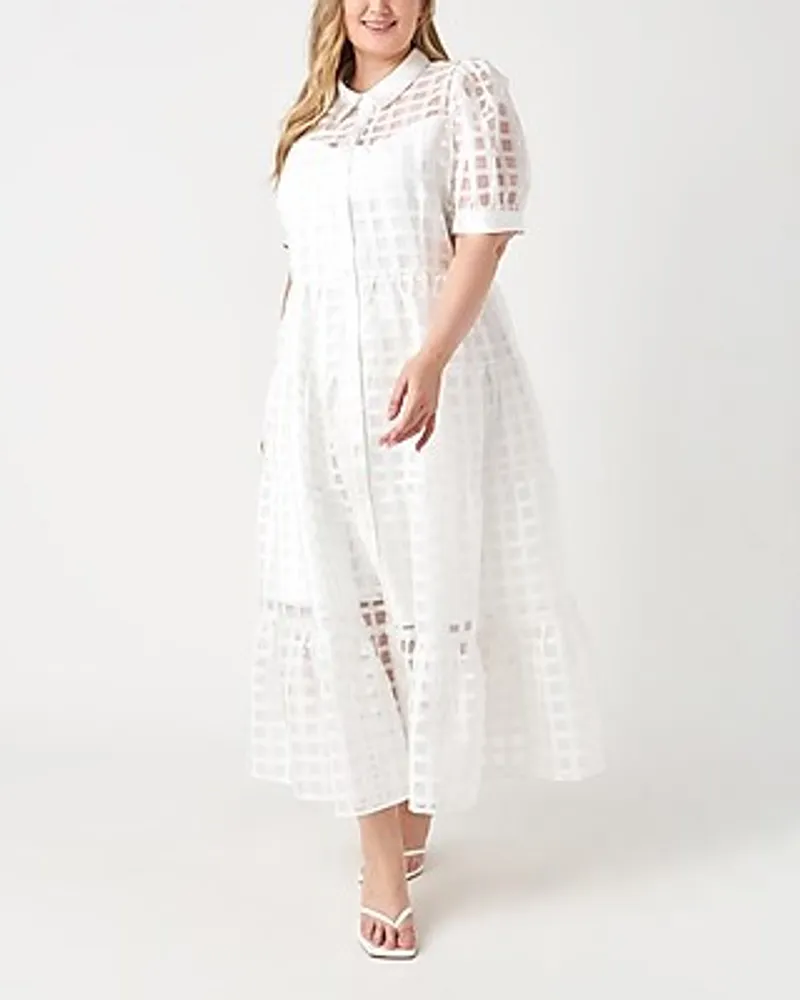 Cocktail & Party English Factory Plus Size Gridded Organza Tiered Maxi Dress White Women's 2X