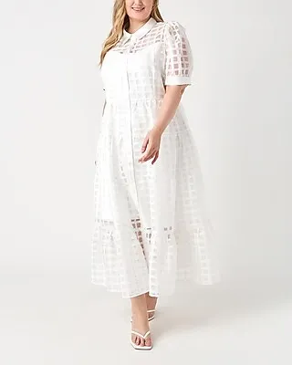 Cocktail & Party English Factory Plus Size Gridded Organza Tiered Maxi Dress White Women's 1X