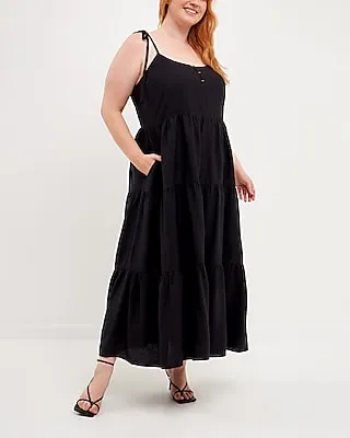 Casual English Factory Plus Size Spaghetti Tie Tiered Maxi Dress Black Women's 3X