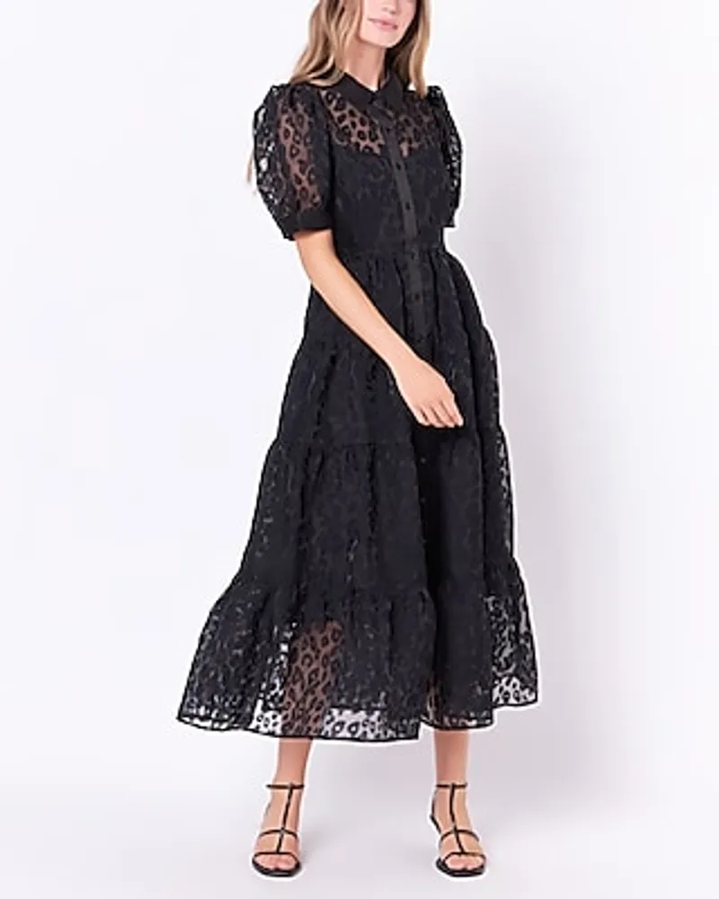 Cocktail & Party English Factory Animal Print Button Up Maxi Dress Black Women's