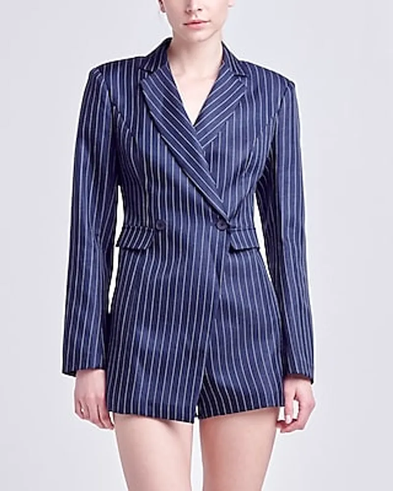 Work,Cocktail & Party English Factory Pinstripe Long Sleeve Blazer Romper Blue Women's L