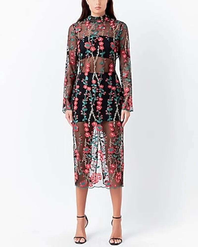 Cocktail & Party Endless Rose Long Sleeve Floral Embroidered Mesh Midi Dress Multi-Color Women's M