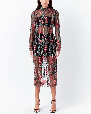 Cocktail & Party Endless Rose Long Sleeve Floral Embroidered Mesh Midi Dress Multi-Color Women's