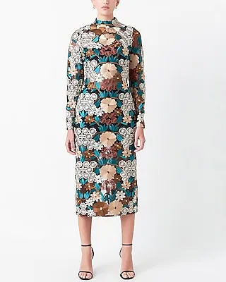 Cocktail & Party Endless Rose Long Sleeve Floral Embroidered Midi Dress Multi-Color Women's