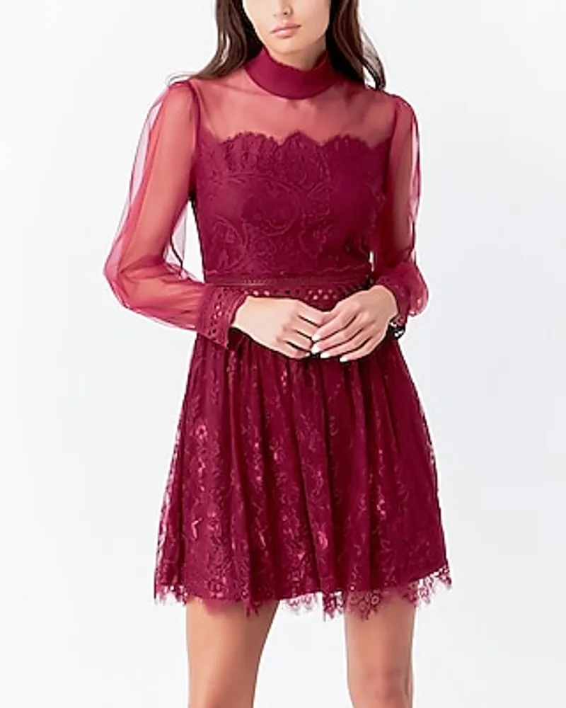 Cocktail & Party Endless Rose Long Sleeve Lace Mini Dress Red Women's L