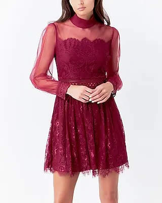 Cocktail & Party Endless Rose Long Sleeve Lace Mini Dress Red Women's L