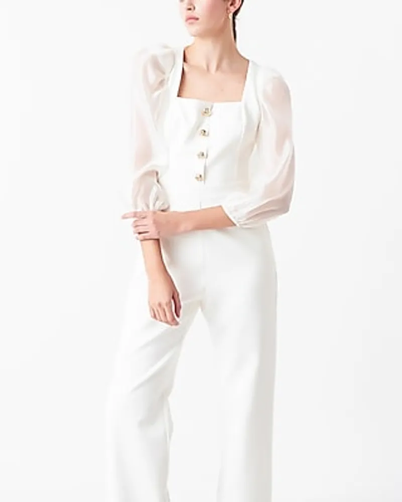 Cocktail & Party Endless Rose Sheer Puff Organza Sleeve Jumpsuit White Women's S