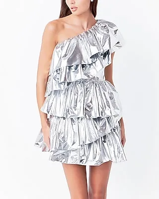 Cocktail & Party Endless Rose Metallic Tiered Ruffle Mini Dress Silver Women's S