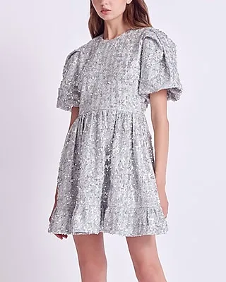 Cocktail & Party English Factory Sequin Puff Sleeve Tweed Tiered Mini Dress Silver Women