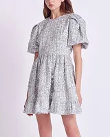 Cocktail & Party English Factory Sequin Puff Sleeve Tweed Tiered Mini Dress Silver Women's M