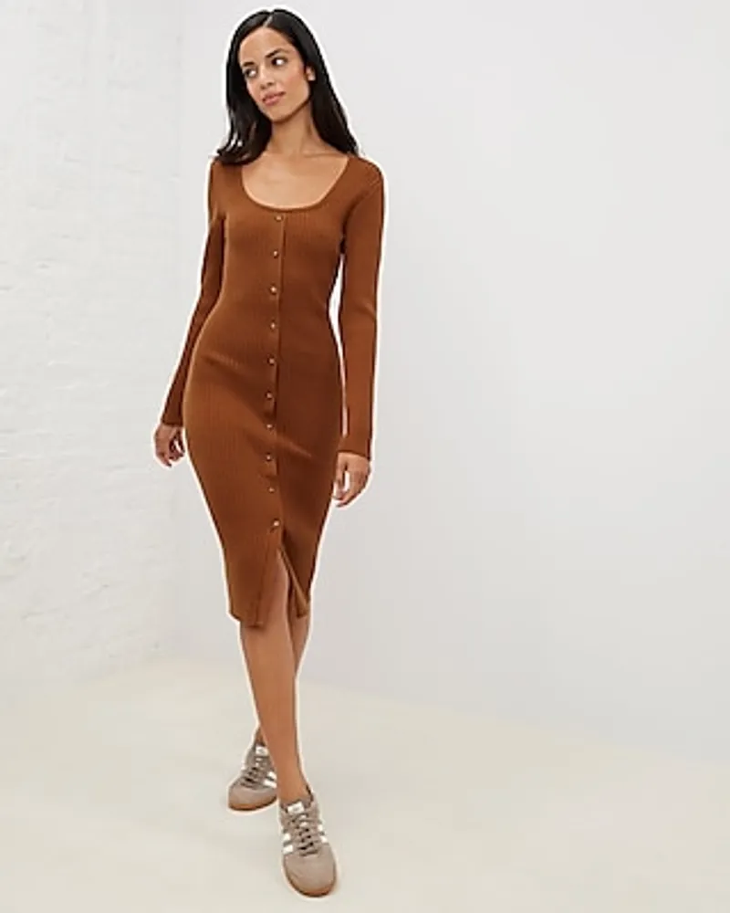 Casual,Cocktail & Party Upwest Long Sleeve Rib Sweater Midi Dress Orange Women