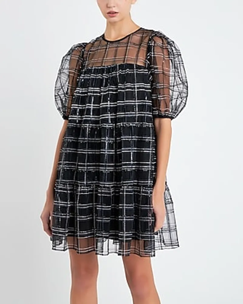 Cocktail & Party English Factory Embroidered Mesh Puff Sleeve Mini Tiered Dress Black Women's L