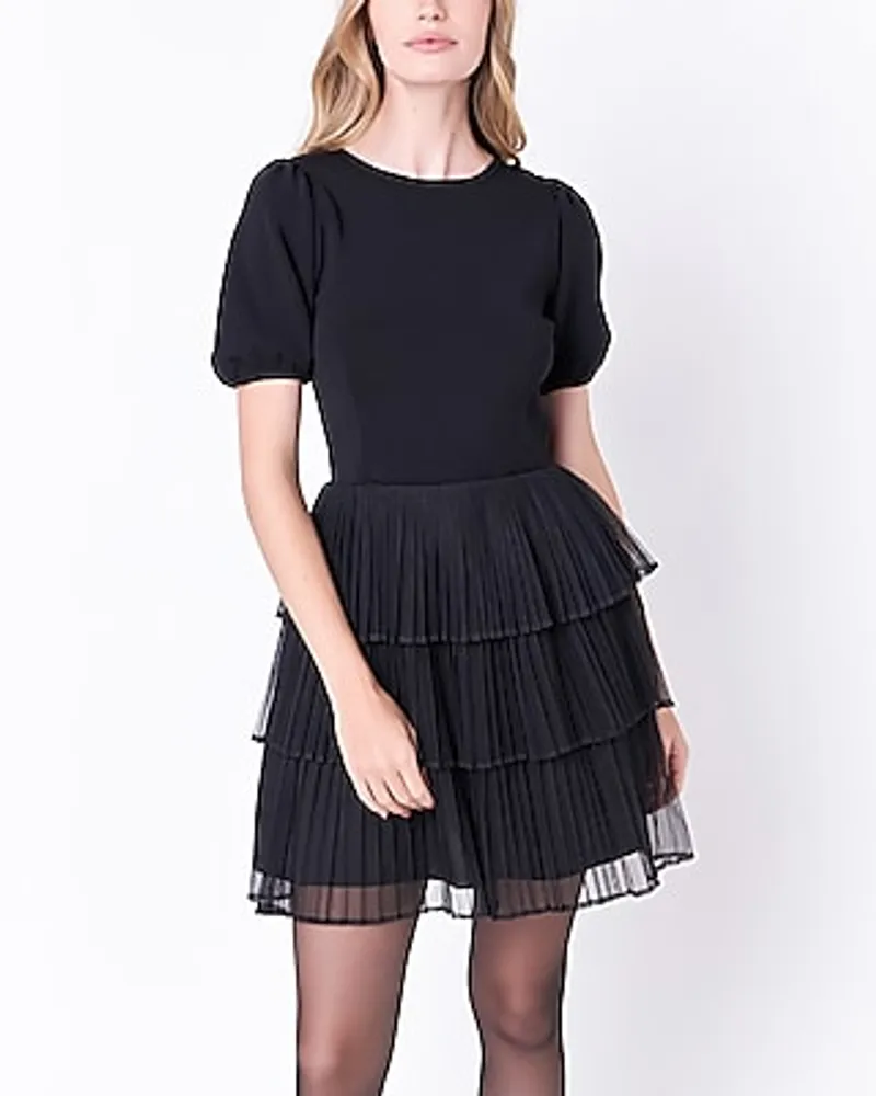 Cocktail & Party English Factory Mixed Media Pleated Mini Dress Black Women's XS