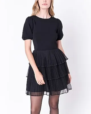 Cocktail & Party English Factory Mixed Media Pleated Mini Dress Black Women's
