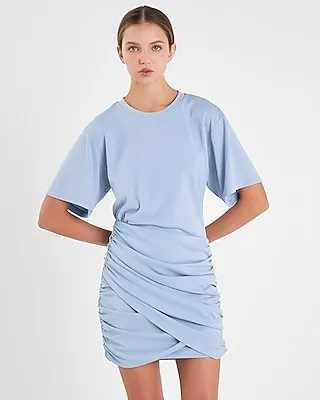 Casual Grey Lab Asymmetric Ruched Mini Dress Blue Women's M
