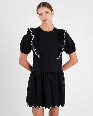 Casual,Work English Factory Scallop Edge Knit Mini Dress Black Women's M