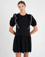 Casual,Work English Factory Scallop Edge Knit Mini Dress Black Women