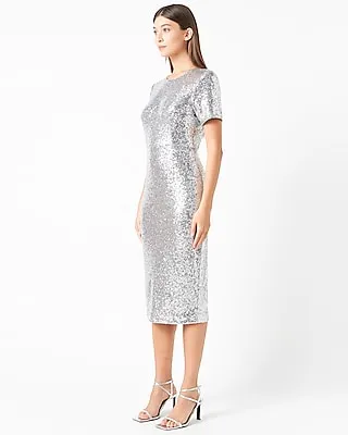 Cocktail & Party Endless Rose Short Sleeve Sequins Midi Dress Silver Women's L