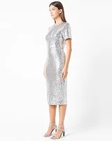 Cocktail & Party Endless Rose Short Sleeve Sequins Midi Dress Silver Women's XS