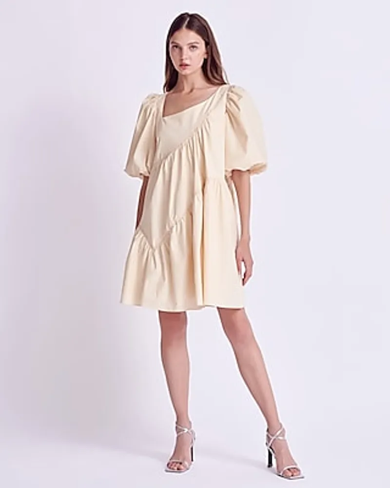 Casual English Factory Asymmetric Poplin Tiered Babydoll Mini Dress