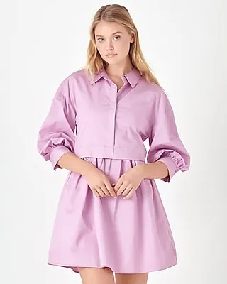 Work,Casual English Factory Puff Sleeve Mini Shirt Dress Purple Women's M