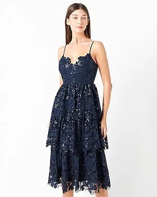 Cocktail & Party Endless Rose Strapless Sequins Lace Tiered Midi Dress Blue Women's M