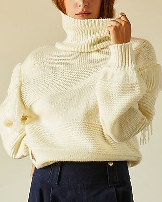 Crescent Addison Fringe Turtleneck Sweater White Women's