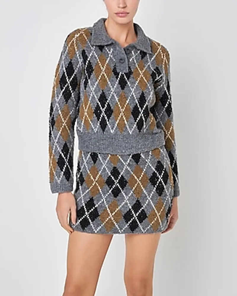 Grey Lab Argyle Collared Slightly Cropped Sweater Gray Women's S