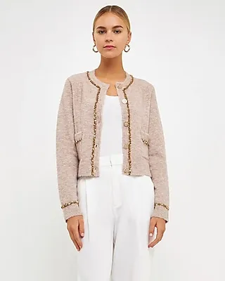 Endless Rose Sequins Trim Cropped Cardigan Brown Women's