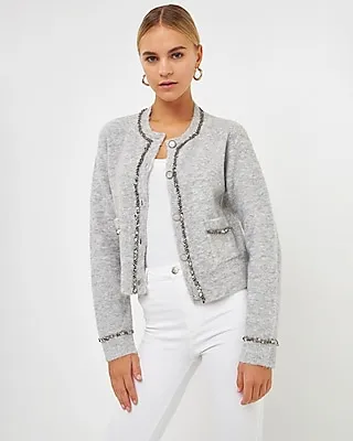 Endless Rose Sequins Trim Cropped Cardigan Gray Women's S