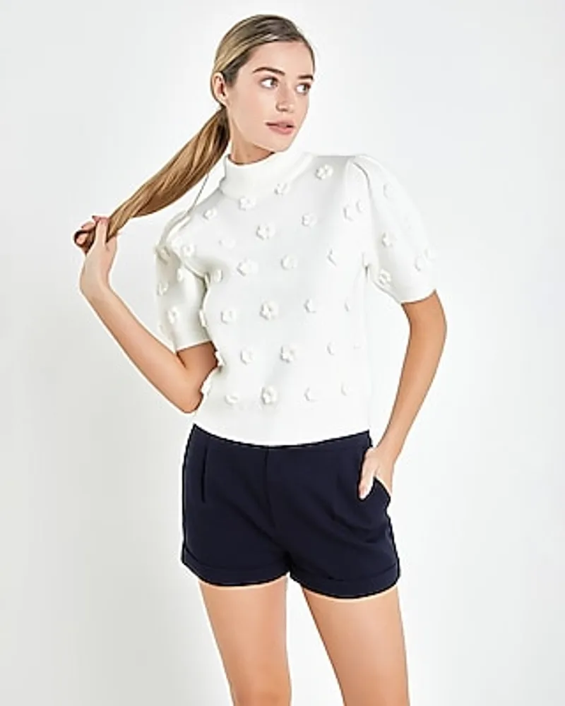 English Factory Flower Pompom Short Sleeve Sweater White Women's XS